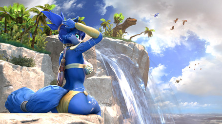 anthro blue_arms blue_body blue_butt blue_eyes blue_fingers blue_fur blue_hair blue_hands blue_tail bottomwear breasts butt clothed clothing female fur group hair looking_at_viewer midriff palm_tree plant sky solo_focus tail topwear tree water waterfall lolla4567 warfaremachine_(modeler) nintendo star_fox krystal_(star_fox) warfare_krystal ambient_bird ambient_dinosaur canid canine dinosaur fox mammal prehistoric_species reptile scalie 16:9 3d_(artwork) 4k absurd_res digital_media_(artwork) hi_res widescreen