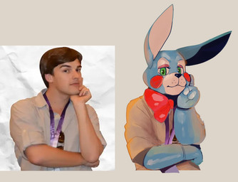 anthro badge black_nose blue_body blue_ears bow_tie clothing eyelashes eyeshadow green_eyes grey_clothing grey_shirt grey_topwear half-closed_eyes hand_on_face hand_on_own_face long_ears looking_at_viewer machine makeup male multicolored_body narrowed_eyes purple_eyeshadow red_bow_tie shirt solo standing topwear two_tone_body white_body pop2hotzz five_nights_at_freddy's five_nights_at_freddy's_2 game_theory scottgames matpat toy_bonnie_(fnaf) animatronic human lagomorph leporid mammal rabbit robot robot_anthro 2025 digital_media_(artwork) meme