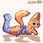 1:1 anthro breasts butt canid canine clothing diane_foxington dreamworks female fox hi_res la_luxo legwear lying mammal on_front ribbons solo stockings the_bad_guys watermark