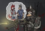 anthro armor blood bodily_fluids duo female gun headgear helmet machine_gun male military ranged_weapon shooting thought_bubble weapon ricthecusco canid canine mammal