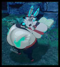 anthro areola big_breasts big_butt black_border blue_areola blue_eyes blush book border bottomwear breasts butt butt_slap clothing crop_top disembodied_hand ear_piercing female ghost_hand grey_body hand_on_butt hat headgear headwear huge_breasts huge_butt huge_hips huge_thighs legwear looking_back onomatopoeia piercing shirt shorts slap solo sound_effects text thick_thighs thigh_highs topwear wide_hips witch_hat daeriusus lagomorph leporid mammal rabbit english_text hi_res