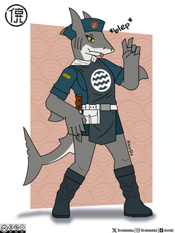 anthro blep blush blush_lines boots bottomwear claws clothed clothing combat_boots female fin finger_claws footwear fully_clothed grey_body hat headgear headwear looking_at_viewer military military_cap military_clothing military_hat military_uniform shoes simple_background smile soldier solo tail text tongue tongue_out uniform warrior alvidz aquatic fish shark 3:4 digital_media_(artwork) english_text hi_res