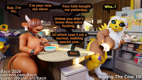 anthro big_breasts blush bowl breasts casual_nudity cereal claws clothed clothing container detailed_background dialogue eating female fingers food genitals group gynomorph hair horn huge_breasts implied_incest intersex kitchen male nipples nude open_mouth penis slave smile speech_bubble tail text topwear trio white_body yellow_body bacn bandai_namco digimon renamon_(bacn) bovid bovine canid canine digimon_(species) fox mammal renamon 16:9 2026 3d_(artwork) 4k absurd_res blender_(artwork) blender_cycles_(artwork) digital_media_(artwork) english_description english_text hi_res url widescreen mother_(lore) parent_(lore) son_(lore)