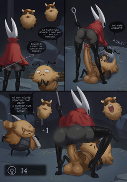 2_horns 3_panel_comic ambiguous_gender angry antennae_(anatomy) anthro armor balls big_balls big_penis biped black_clothing black_eyes butt clothing cross-popping_vein dialogue ellipsis empty_eyes exclamation_point eye_scar facial_scar female female_on_top fingers fur genitals glans grey_body group headgear helmet holding_melee_weapon holding_object holding_weapon horn humanoid_genitalia humanoid_penis legwear male male/female male_on_bottom melee_weapon motion_lines on_bottom on_top open_mouth penetration penile penile_penetration penis question_mark red_clothing scar sex sound_effects speech_bubble standing talking_to_another teeth text thigh_highs tongue vaginal vaginal_penetration vein veiny_penis vulva weapon white_eyes white_text succubustail hollow_knight:_silksong hollow_knight_(franchise) team_cherry hornet_(hollow_knight) kratt_(hollow_knight:_silksong) arthropod flea_(hollow_knight:_silksong) 2025 absurd_res comic english_text hi_res