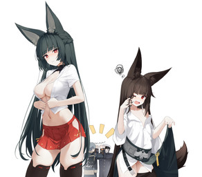 alternate_costume belt black_hair bottomwear braided_hair breasts clothed clothing clothing_swap dressing duo_focus emanata eyebrow_through_hair eyebrows eyelashes female group hair inner_ear_fluff legwear long_hair male midriff navel off_shoulder open_mouth pleated_skirt red_eyes shirt short_hair skirt thigh_highs topwear translucent translucent_hair tuft dalian azur_lane mihoyo zenless_zone_zero hoshimi_miyabi nagato_(azur_lane) animal_humanoid canid canid_humanoid canine canine_humanoid fox_humanoid human humanoid mammal mammal_humanoid thiren 2025 hi_res