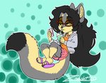 anthro beverage bubble_tea clothing dress eyewear feet female glasses hair long_hair solo young young_anthro zooshi zoosie canid canine canis mammal wolf absurd_res hi_res