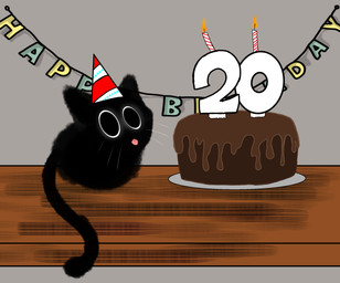 birthday blep cake candle clothing dessert feral food hat headgear headwear male number_candle party_hat solo tongue tongue_out floofy-voidcat domestic_cat felid feline felis mammal void_monster hi_res