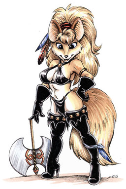 anthro axe battle_axe bikini biped blue_eyes boots bottomwear breasts cleavage clothed clothing double_bitted_axe feathers female footwear fur gloves hair hand_on_hip handwear high_heeled_boots high_heels leather legwear loincloth long_hair looking_at_viewer melee_weapon midriff navel shoes simple_background solo swimwear tan_body tan_fur thigh_boots thigh_highs two-piece_swimsuit weapon white_background megan_giles canid canine fennec_fox fox mammal true_fox 2000