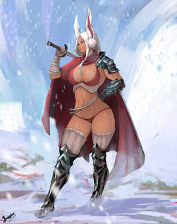 armor biped blue_eyes breasts cape clothed clothing female fingers hair hand_on_hip holding_melee_weapon holding_object holding_sword holding_weapon legwear melee_weapon navel pupils red_clothing snow snowing sword thick_thighs thigh_highs weapon white_hair juggler_(artist) my_hero_academia rumi_usagiyama animal_humanoid humanoid lagomorph lagomorph_humanoid leporid_humanoid mammal mammal_humanoid rabbit_humanoid absurd_res digital_drawing_(artwork) digital_media_(artwork) hi_res