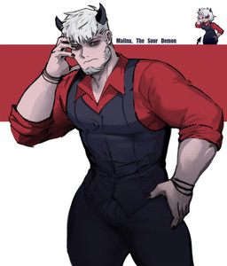 beard bracelet clothed clothing crossgender dual_persona facial_hair female ftm_crossgender hair horn jewelry looking_at_viewer male muscular muscular_humanoid muscular_male not_furry red_eyes simple_background solo suit white_hair dopq helltaker malina_(helltaker) demon humanoid hi_res