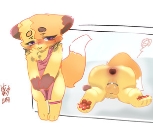 anthro anus apron apron_only balls blush bodily_fluids butt chastity_cage chastity_device clothing gaping gaping_anus genital_fluids genitals male mostly_nude solo tail kaoshenmea fabulous_beasts murong_xuequan_(meimei) canid canine fox mammal hi_res
