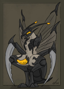 antennae_(anatomy) crouching erection genitals male multi_wing penis simple_background solo wings yellow_eyes yellow_penis exophile ku'kax arthropod insect 2024 dated hi_res portrait