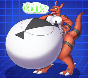 anthro belly big_belly blue_background burping butt claws huge_belly hyper hyper_belly male nude open_mouth orange_eyes pink_tongue red_body simple_background solo speech_bubble standing thick_thighs tongue white_belly v1sage bandai_namco digimon digimon_(species) guilmon absurd_res hi_res