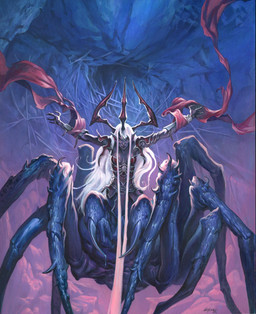 armor breasts exoskeleton female front_view hair horn humanoid_pointy_ears long_hair looking_at_viewer pointy_ears red_armor solo standing white_hair jesper_ejsing dungeons_and_dragons hasbro wizards_of_the_coast lolth_(dungeons_and_dragons) arachnid arthropod drider 2009 hi_res official_art