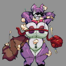 anthro ball_of_yarn big_breasts breasts button_(fastener) button_eyes collar doll female looking_at_viewer nipples nude plush_stuffing plushie plushophilia presenting purple_body raccoon_tail sewing_pin sharp_teeth simple_background smile solo spades_(suit) stitch_(sewing) suit_symbol tail teeth thick_thighs white_body wide_hips yarn dannycris121 animate_inanimate living_plushie mammal procyonid raccoon digital_media_(artwork) hi_res
