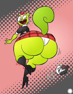 4_fingers anthro apple bar_emanata big_butt blush blush_lines bodily_fluids boots bottomwear bubble_butt buckteeth butt butt_jiggle candy candy_apple clothed clothing countershade_face countershading crossdressing curvy_figure dessert dialogue emanata eyelashes femboy fingers food footwear fruit fur green_body green_fur halftone_background heart_nose heart_symbol high_heeled_boots high_heels huge_butt jiggling knee_boots knee_highs legwear logo lollipop male open_mouth open_smile pattern_background plant shoes simple_background skirt small_waist smile solo sweat sweatdrop tail teeth text thick_thighs underwear wasp_waist wide_hips thatdawgmurray danganronpa happy_tree_friends spike_chunsoft junko_enoshima monokuma nutty_(htf) bear mammal rodent sciurid tree_squirrel aliasing artist_logo artist_name digital_media_(artwork) english_text halftone hi_res signature