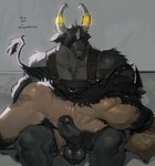 2_horns 5_fingers anal anal_fingering anthro armpit_hair balls biceps black_balls black_body black_eyebrows black_fur black_glans black_harness black_horn black_penis black_pubes black_tail black_text body_hair brown_glans brown_penis claws crossed_arms deltoids duo empty_eyes erection eyebrows eyeless finger_claws fingering fingering_partner fingers for_a_head foreskin fur genitals glans gold_ring grin harness horn horn_jewelry horn_ring humanoid_genitalia humanoid_on_anthro humanoid_penis jewelry light looking_aside lying male male/male male_anthro male_humanoid multicolored_penis muscular muscular_anthro muscular_humanoid muscular_male nude nude_anthro nude_male on_front on_lap partially_retracted_foreskin pecs penis pubes ring_(jewelry) sex sharp_teeth smile snout tail tail_tuft tan_body tan_penis tan_skin teeth text tuft two_tone_penis urethra white_eyes white_horn x-ray_view itsunknownanon animal_head animal_humanoid bovid bovid_humanoid bovine bovine_humanoid caprine caprine_demon cattle_humanoid demon humanoid mammal mammal_humanoid 2025 absurd_res hi_res lighting russian_text shaded