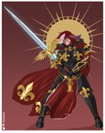 abstract_background adepta_sororitas anthro armor bone boob_armor cape clenched_teeth clothing female fleur-de-lis gold_(metal) hair holding_object holding_weapon melee_weapon multicolored_hair palatine_aquila power_sword skull skull_accessory skull_symbol solo sword teeth weapon viola_bat warhammer_(franchise) warhammer_40000 kangaroo macropod mammal marsupial absurd_res hi_res