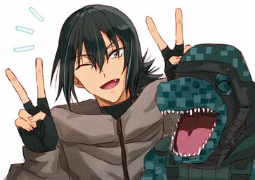 anthro armor black_hair clothing digital_camo duo fingerless_gloves gesture gloves hair hand_gesture handwear headgear helmet male nake sharp_teeth smile teeth v_sign st14_kr010 bandai_namco digimon digimon_beatbreak haruomi_sone commandramon digimon_(species) human mammal scalie