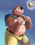 anthro backpack belt belt_buckle blue_backpack bottomwear buckle bulge clothing happy jiggy male overweight overweight_male shorts sky solo thought_bubble yellow_bottomwear yellow_clothing yellow_shorts debudraws banjo-kazooie rareware banjo_(banjo-kazooie) bear mammal absurd_res hi_res