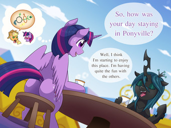 asking asking_another asking_how beverage butt coffee color_coded color_coded_text dialogue duo eyes_closed female furniture horn location_in_dialogue question speech_bubble table talking_to_another text thought_bubble wings vavacung friendship_is_magic hasbro my_little_pony applejack_(mlp) queen_chrysalis_(mlp) twilight_sparkle_(mlp) arthropod changeling_(mlp) equid equine horse mammal pony 4:3 english_text pictographics