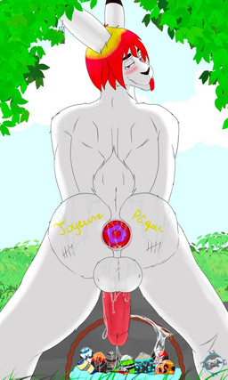 anal_oviposition anthro anus aroused aroused_face aroused_smile back_muscles blonde_hair blue_eyes bodily_fluids dripping easter_egg egg egg_basket fur gaping gaping_anus genital_fluids genitals hair hair_color_change hanafuda_card holidays humanoid_genitalia humanoid_penis male markings multicolored_body multicolored_fur oviposition penis precum precum_drip purple_eyes rabbit_ears scut_tail short_tail solo tail teeth text tongue tongue_out tuft white_body white_fur wolfran easter rytsu lagomorph leporid mammal rabbit 2023 french_text hi_res nonbinary_(lore)