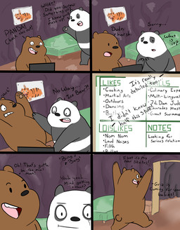 bed black_body black_fur brown_body brown_fur computer dating_profile dialogue drawing_(object) drawing_in_a_drawing duo electronics excited food fur furniture internet male male/male slightly_chubby smile text white_body white_fur graft_(artist) cartoon_network we_bare_bears grizzly_(we_bare_bears) panda_(we_bare_bears) bear brown_bear felid giant_panda grizzly_bear mammal pantherine tiger ursine comic english_text hi_res multiple_scenes pseudo_incest_(lore)