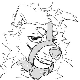 ambiguous_gender anthro collar folded_ears fur half-closed_eyes male muzzle_(object) muzzled narrowed_eyes smile smirk solo teeth white_body white_fur rookspirit canid canine canis domestic_dog mammal wolf 1:1 absurd_res hi_res monochrome sketch