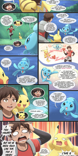 ambiguous_gender backpack blue_body blue_sclera body_swap bottomwear brown_eyes brown_hair clothed clothing dialogue ears_down feral fully_clothed grass grey_bottomwear grey_clothing grey_eyes grey_shorts group hair heart_symbol kneeling male open_mouth open_smile partially_submerged pivoted_ears plant red_clothing red_shirt red_topwear shirt short_hair shorts smile speech_bubble talking_to_another text tongue topwear translation_within_image tree water yellow_body yellow_eyes seyumei nintendo pokemon axel_(poke789) generation_1_pokemon generation_4_pokemon human legendary_pokemon mammal manaphy phione pikachu pokemon_(species) rodent absurd_res comic english_text hi_res
