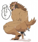 abs beard biceps blush bodily_fluids brown_body brown_fur brown_hair butt canid canine censor_bar censored cum cum_from_ass cum_in_ass cum_inside debirobu dialogue facial_hair flaccid fur genital_fluids genitals hair ineffective_censorship japanese_text leaking leaking_cum male mammal muscular muscular_male nude open_mouth penis scar simple_background solo speech_bubble text translated vein white_background