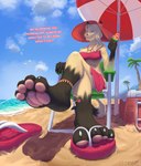 4_toes anklet anthro barefoot beach bikini blonde_hair bottomwear claws clothed clothing dominant feet female foot_focus footwear fur hair hindpaw humanoid_feet jewelry multicolored_body pawpads paws pink_pawpads plantigrade sand sandals sea seaside seat shoes sitting smile soles solo swimwear teasing text toe_claws toes topwear two-piece_swimsuit water yellow_body yellow_fur rz54 aurora_(rz54) canid canine fox mammal absurd_res english_text hi_res