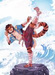 5_fingers 5_toes anthro black_stripes claws clothed clothing countershading day detailed_background feet fingers fur male orange_body orange_fur outside sky smile solo striped_body striped_fur stripes toes shalinka felid mammal pantherine tiger 2022 digital_media_(artwork) hi_res