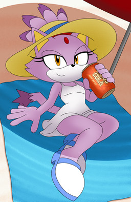 anthro beach beverage_can clothed clothing female fur hair purple_body purple_fur solo summer tail toyminator900 sega sonic_the_hedgehog_(series) blaze_the_cat domestic_cat felid feline felis mammal absurd_res digital_media_(artwork) hi_res