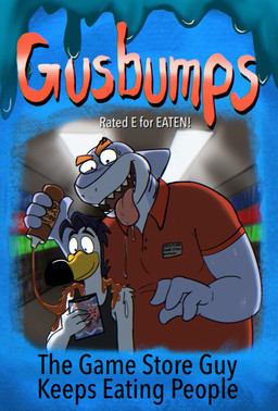 4_fingers anthro backlighting barbecue_sauce black_clothing black_hair black_shirt black_tank_top black_topwear bodily_fluids clothing crazed_look drool_on_shoulder drooling drooling_onto_other duo eyebrow_piercing eyebrow_ring eyebrows facial_piercing fingers game_case gills grey_body hair holding_game_case imminent_vore inside light male name_tag non-mammal_hair oblivious orange_eyebrows parody piercing red_polo_shirt ring_piercing saliva shirt store store_clerk sweat sweatdrop tank_top title tongue tongue_out topwear white_body secretgull gamecube goosebumps kirby_(series) kirby_air_ride nintendo gus_skwarek kirby shane_stocks avian bird fish gull lari larid marine shark 2025 book_cover cover digital_drawing_(artwork) digital_media_(artwork) hi_res lighting