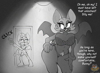 5_fingers anthro bat_wings big_breasts bite biting_lip blush blush_lines bottomwear bra bracelet breasts clothing cocked_hip dialogue doorway duo eyelashes female femboy fingers glistening_eyelids hair hand_on_hip huge_breasts jewelry light light_switch long_eyelashes male membrane_(anatomy) membranous_wings midriff navel panties pube_peek pubes shirt short_hair shorts sound_effects tank_top text thick_thighs topwear underwear white_hair wide_eyed wings eight_strokes sega sonic_the_hedgehog_(series) bundt_the_bat fan_character rouge_the_bat bat mammal 2025 artist_name english_text monochrome