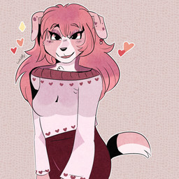 anthro bangs black_eyes black_nose blush blush_lines bottomwear breasts clothed clothed_anthro clothed_female clothing ear_markings eyebrows eyeshadow female female_anthro floppy_ears fluffy fluffy_tail fully_clothed fully_clothed_anthro fully_clothed_female fur grey_background grey_clothing grey_sweater grey_topwear hair heart_(marking) heart_symbol hearts_around_head light makeup markings multicolored_body multicolored_fur outline pink_body pink_eyebrows pink_fur pink_hair pink_tail pink_tongue purple_body purple_eyeshadow purple_fur purple_markings red_bottomwear red_clothing red_ear_piercing red_skirt simple_background skirt smile solo standing sweater tail text tongue tongue_out topwear white_body white_fur white_outline white_tail wolflly10 allison_(crvniifer) canid canine canis domestic_dog mammal 1:1 2024 absurd_res artist_name colored digital_drawing_(artwork) digital_media_(artwork) half-length_portrait hi_res lighting portrait shaded spanish_description