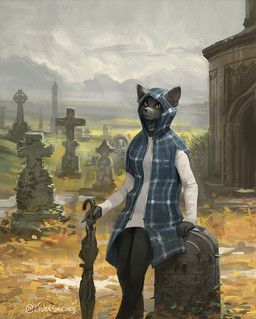 5_fingers anthro bottomwear cemetery clothed clothing cloud cloudy_sky cross detailed_background fingers fully_clothed holding_object hood hood_up male neck_tuft pants sky solo text tombstone tuft umbrella whiskers yellow_eyes civetstranj domestic_cat felid feline felis mammal 2019 artist_name