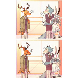 anthro antlers brown_body brown_fur clothed clothing cross-popping_vein female fully_clothed fur group horn inside interrobang lifting light looking_at_another male standing trio white_body white_fur window eden_fries beastars haru_(beastars) legoshi_(beastars) louis_(beastars) canid canine canis cervine deer domestic_rabbit dwarf_rabbit lagomorph leporid mammal netherland_dwarf_rabbit oryctolagus rabbit red_deer wolf 2021 comic digital_media_(artwork) lighting
