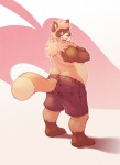 anthro black_nose bottomwear clothed clothing happy looking_back male pants simple_background slightly_chubby solo topless orangetavi franook canid canine mammal raccoon_dog tanuki