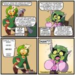 dialogue fangs female green_hair hair horn lips teeth text shenanimation scalie_schoolie camille_(scalie_schoolie) ms._lily amphibian chameleon common_coquí eleutherodactylus frog lizard reptile scalie 1:1 2014 comic english_text