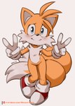 2_tails 5_fingers ambiguous_anthro ambiguous_gender anthro biped black_nose blue_eyes blush blush_lines cheek_tuft chest_tuft clothing countershade_fur countershading dipstick_tail double_v_sign facial_tuft fingers footwear front_view fur gesture gloves hand_gesture handwear looking_at_viewer markings multi_tail multicolored_body multicolored_clothing multicolored_footwear multicolored_fur multicolored_shoes orange_body orange_fur red_clothing red_footwear red_shoes shoes simple_background smile smiling_at_viewer socks solo standing tail tail_markings text tuft two_tone_clothing two_tone_footwear two_tone_shoes v_sign white_background white_body white_clothing white_countershading white_footwear white_fur white_gloves white_handwear white_inner_ear white_shoes young young_ambiguous brachyzoid patreon sega sonic_the_hedgehog_(series) miles_prower canid canine fox mammal 2024 cel_shading digital_drawing_(artwork) digital_media_(artwork) full-length_portrait hi_res portrait shaded signature url male_(lore)