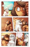 2020 absurd_res anthro bro_wolffox bros_being_bros canid canine canis clenched_teeth comic detailed_background dialogue dude_lyena duo embrace english_text eyes_closed felid fox hi_res hug hybrid hyena kissing lion male male/male mammal open_mouth outside pantherine sky speech_bubble teeth text thekinkybear wolf