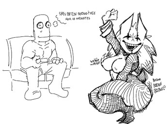 anthro big_breasts big_butt breasts butt clothing crouching duo eyes_closed facial_markings female furniture gloves handwear head_markings huge_butt male markings nipple_outline open_mouth open_smile side_view simple_background sitting smile sofa text thick_thighs thought_bubble twerking white_background white_body white_clothing white_gloves white_handwear wide_hips ghastlybum kontsume_(ghastlybum) ghost human mammal sleep_paralysis_demon spirit english_text monochrome