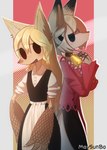 abstract_background anthro bell bell_collar black_eyes bottomwear claws clothed clothing collar dress duo female horn shirt skirt smile topwear maysunbo european_mythology mythology pandemonium_wizard_village slavic_mythology domika kayoh canid canine fox kikimora mammal absurd_res hi_res pillarbox