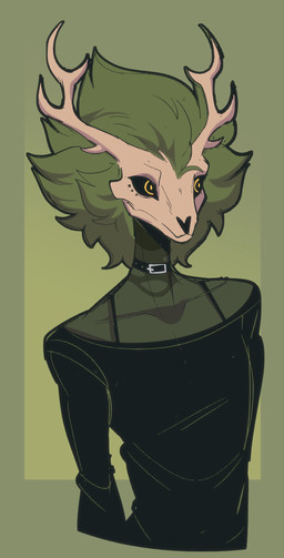 anthro black_clothing black_sclera bone choker clothing dark_clothing deer_skull green_body green_clothing green_hair hair horn jewelry necklace skull skull_head solo white_body white_horn yellow_eyes conditional_dnp welwraith wicker_(welwraith) deer mammal 2026 digital_drawing_(artwork) digital_media_(artwork) hi_res