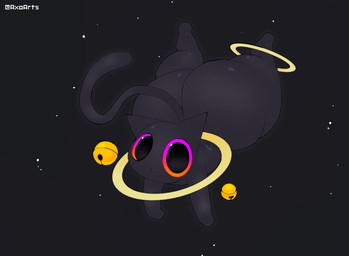 anthro bell big_butt black_body black_ears black_eyes black_fur black_tail butt floating fur looking_at_viewer male multicolored_sclera orange_sclera pink_sclera purple_sclera solo space star tail text thick_thighs three-quarter_view upside_down axoarts domestic_cat felid feline felis mammal 2026 artist_name digital_media_(artwork) hi_res