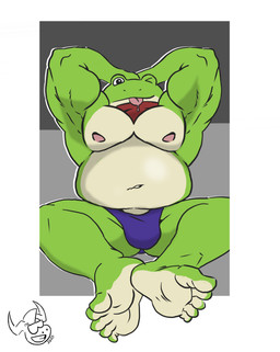 anthro belly biceps blep bulge feet foot_focus male nipples one_eye_closed overweight overweight_male soles solo toes tongue tongue_out mr.brapion nintendo star_fox slippy_toad amphibian frog toad_(frog) 2025 absurd_res hi_res