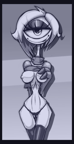 1_eye big_eyes black_border border breasts clothing eyelashes female female_humanoid hair legwear looking_at_viewer nipples not_furry simple_background smile solo stockings thigh_highs topwear white_body warlocke hazbin_hotel hellaverse niffty_(hazbin_hotel) cyclops demon demon_humanoid humanoid black_and_blue digital_media_(artwork) hi_res monochrome