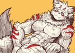 abs animal_ears anthro blush blush_lines eyebrows first_person_view fox_ears fur hair looking_at_viewer male markings muscular muscular_anthro muscular_male neck_tuft nipples nude nude_anthro nude_male pecs ponytail smile solo tail thick_eyebrows tuft jwbash lifewonders tokyo_afterschool_summoners inari_(tas) canid canine fox mammal true_fox absurd_res hatching_(art) hi_res shaded sketch