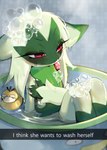 2022 absurd_res anthro bath bathing bathtub blush bubble claws dated detailed_background dripping english_text female floragato fur generation_1_pokemon generation_3_pokemon generation_9_pokemon green_body green_fur half-closed_eyes hi_res inside lotad multicolored_body multicolored_fur narrowed_eyes nintendo partially_submerged pokemon pokemon_(species) psyduck pupils red_eyes rubber_duck shadow sitting slit_pupils steam text three-quarter_view two_tone_body two_tone_fur water wet wet_body wet_fur yuio